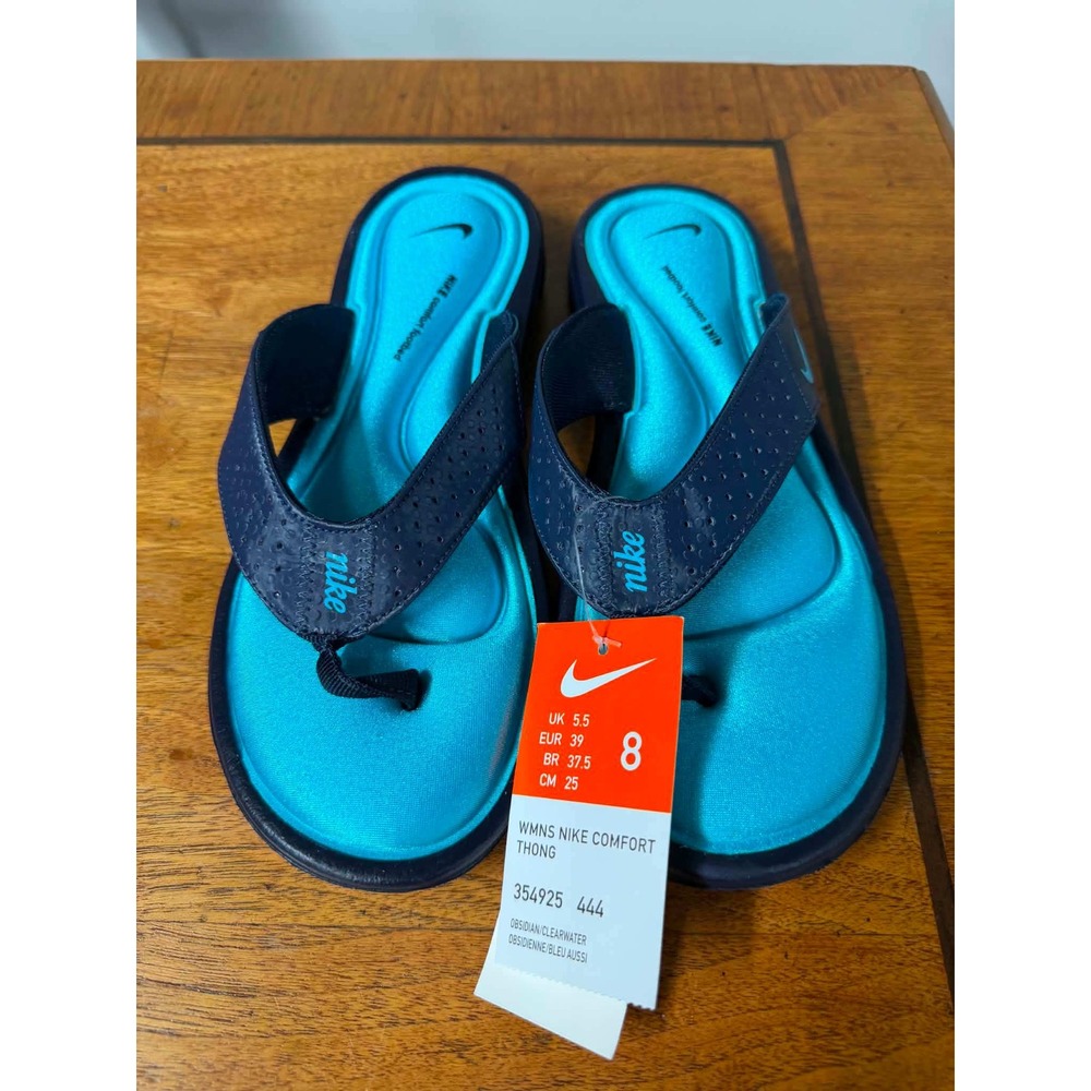 New Nike Womens 8 Blue Comfort Thong Flip Flop Sandals Obsidian 354925-444